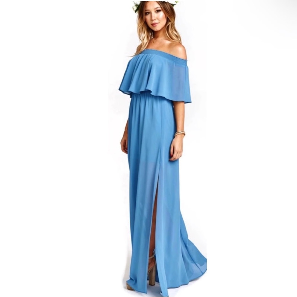 Show Me Your MuMu Slate Blue Off-Shoulder Maxi Dress with Slit size XS